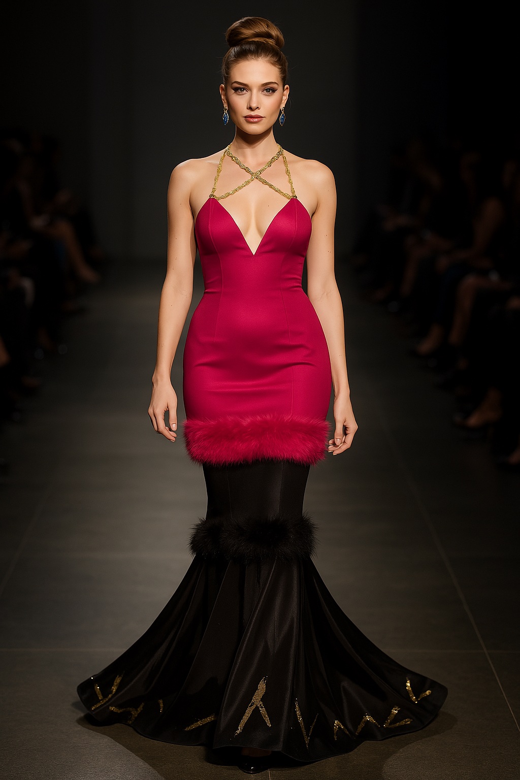 red gown with feather hem