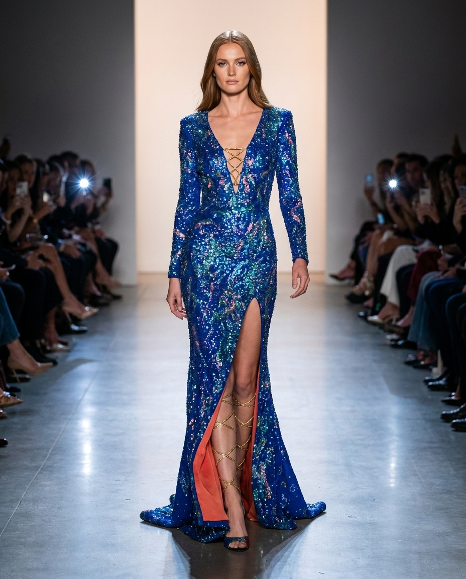 royal blue iridescent sequin gown