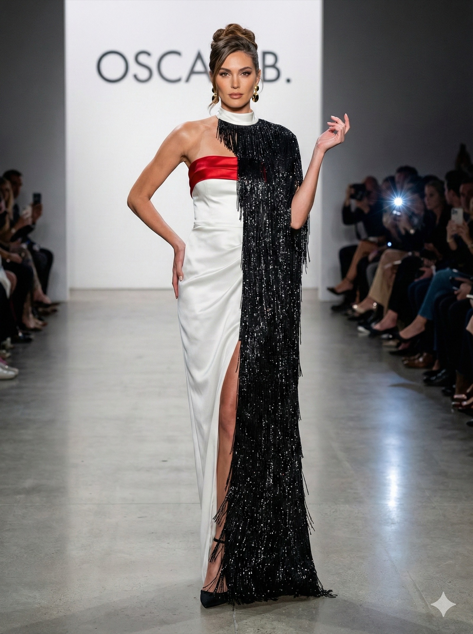 ivory satin with black beaded fringe