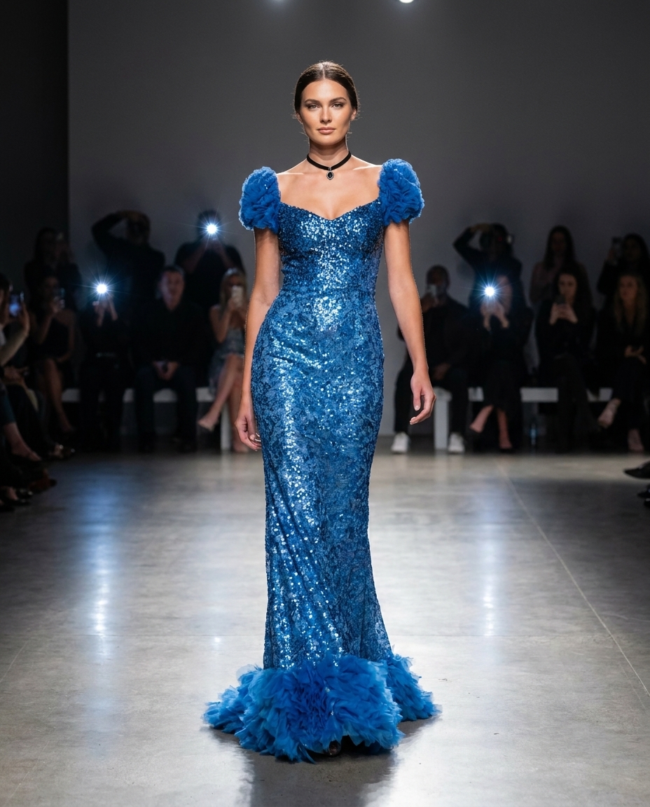 blue sequin gown with feather trim