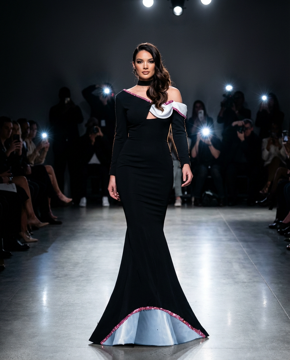 black column with pink dip hem and chambray inset