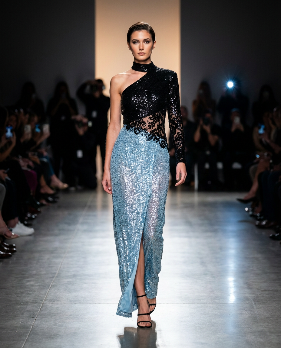 black sequin top with pale blue flared pants